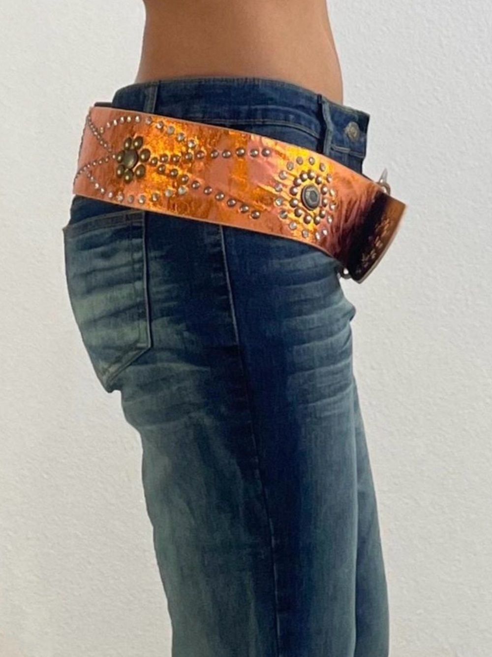 Source Unknown Orange Studded Leather Hip Belt